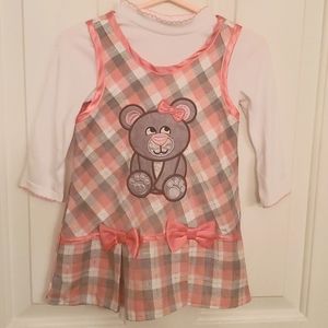 18M Sweet Heart Rose Pink Gray White Plaid Teddy Bear Jumper Dress w/Bows
